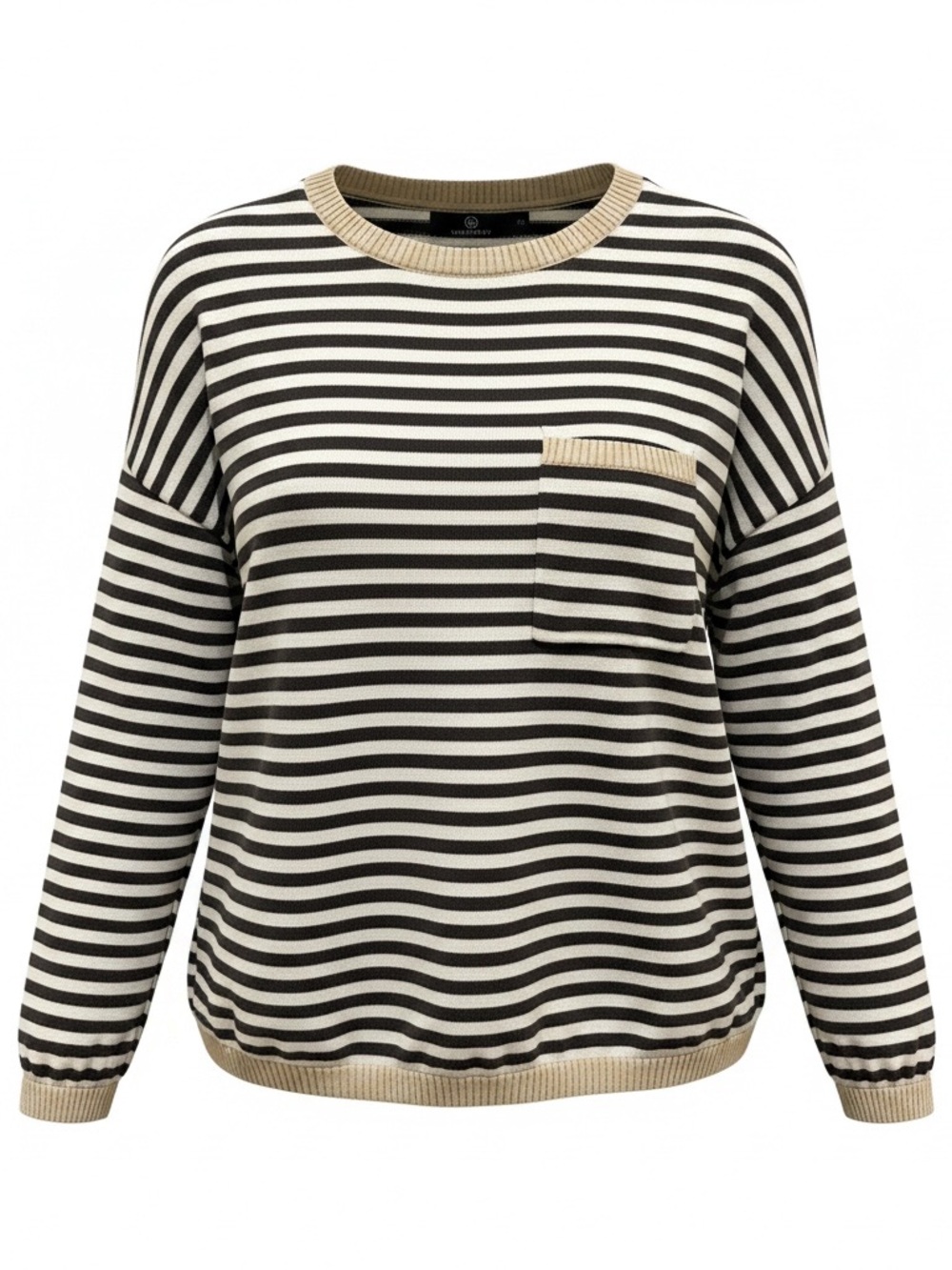Striped Crewneck Sweater with Contrast Trim - Black & Cream